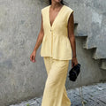 Ensemble SALOMÉ gilet péplum et pantalon large effet lin vue de face - MILESI