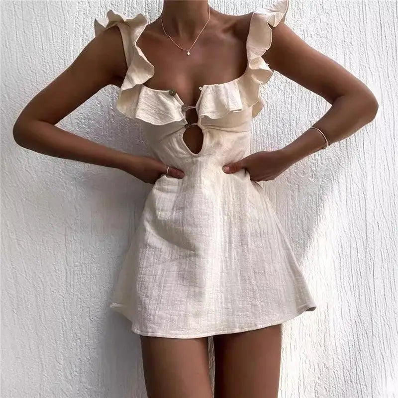 Robe ALMA mini légère bordures volantes effet feuille vue de face - MILESI